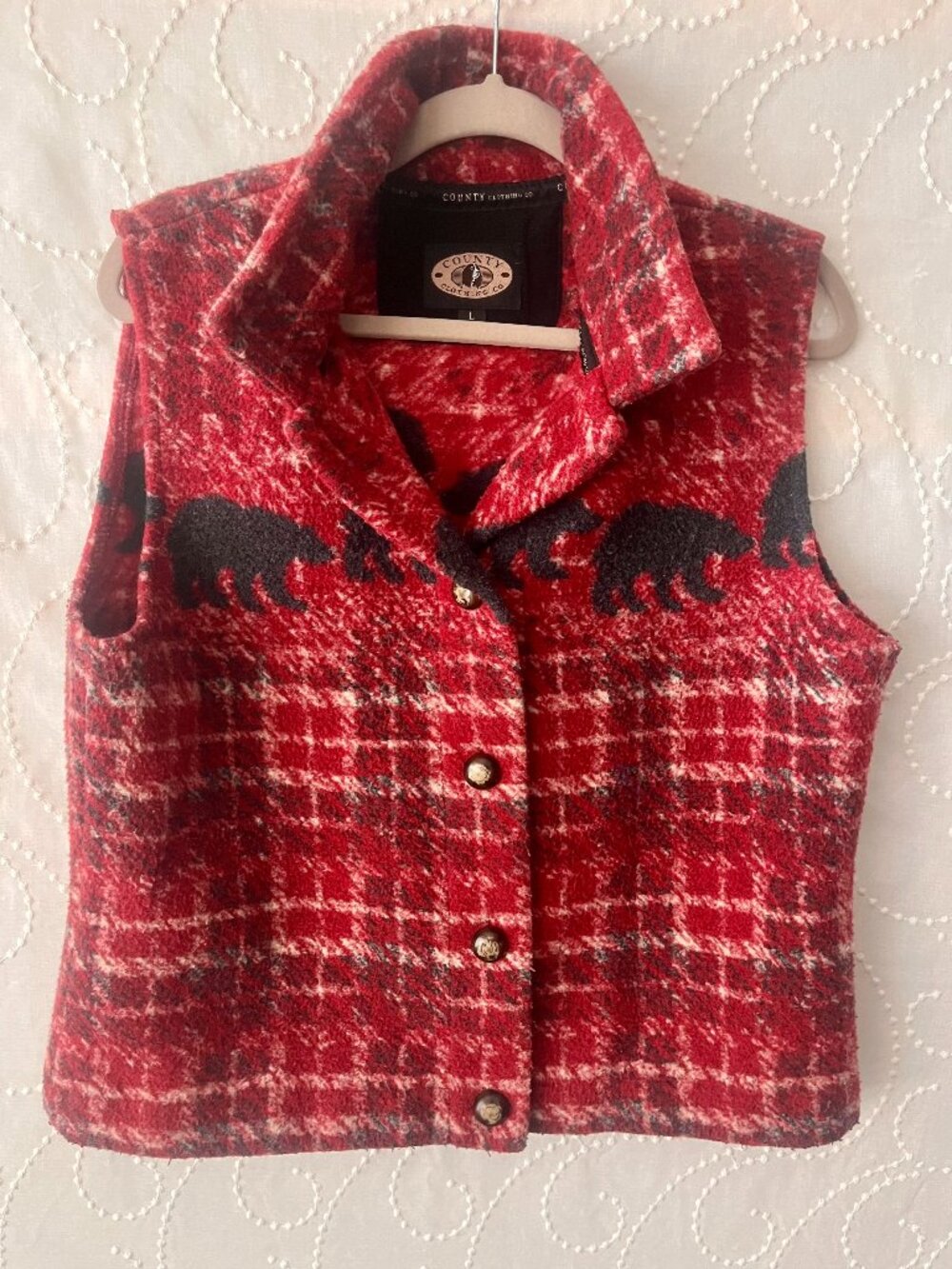 County Clothing Co. Red Plaid Black Bear Fleece Vest